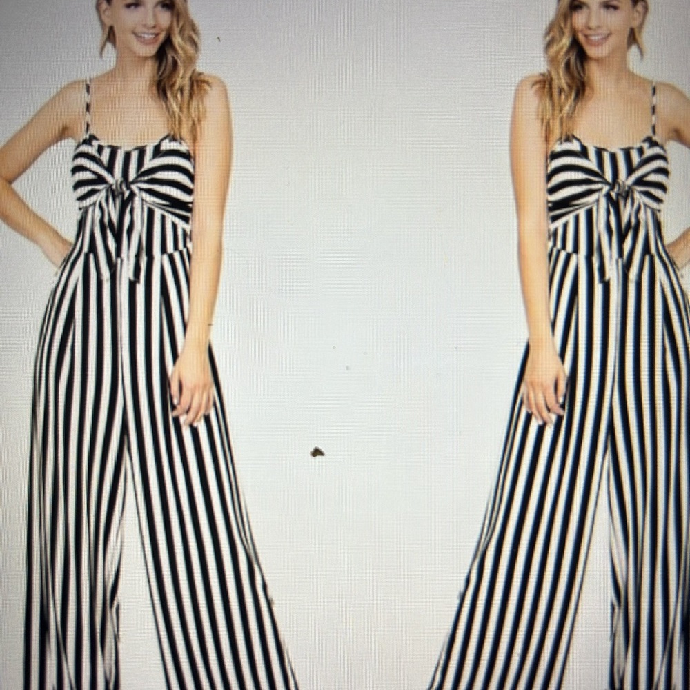 A. CALIN By FLYING TOMATOE Black/White Stripe Knot Front Jumpsuit, Cut O…